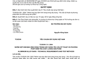 Quyết định 32/2004/QĐ-BXD TCXDVN 330 : 2004 " Nhôm hợp kim định hình xây dựng - Yêu cầu kỹ thuật phương pháp kiểm tra chất lượng sản phẩm