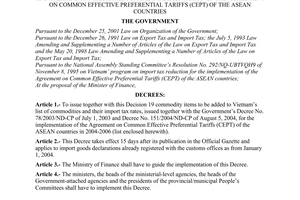 Decree of Government No.213/2004/ND-CP of December 24, 2004 adding 19 commodity items to Vietnam’s 2004-2006 list of commodities and their import tax rates for the implementation of the agreement on common effective preferential tariffs (CEPT) of the ASEAN countries