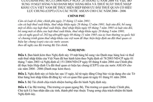Nghị định 213/2004/NĐ-CP bổ sung 19 mặt hàng vào Danh mục hàng hoá thuế suất nhập khẩu của Việt Nam để thực hiện Hiệp định ưu đãi CEPT 2004 2006