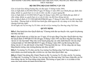 Quyết định 37/2004/QĐ-BGTVT chương trình đào tạo thuyền viên, người lái phương tiện thủy nội địa