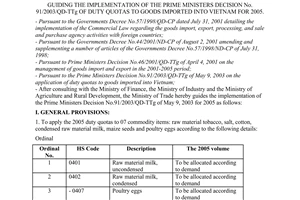 Circular No. 10/2004/TT-BTM of December 27, 2004, guiding the implementation of the prime ministers Decision No. 91/2003/QD-TTg of duty quotas to goods imported into Vietnam for 2005.