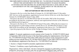 Decision No. 1703/2004/QD-NHNN of December 28, 2004, on the amendment, supplement of the Circular No. 10/2003/TT-NHNN dated 16 September 2003 of the Governor of the State Bank guiding the implementation of the Decree No. 174/1999/ND-CP dated 9 December 1999 of the Government on the management to gold trading activities and the Decree No. 64/2003/ND-CP dated 11 June 2003 of the Government on the amendment, supplement of the Decree No. 174/1999/ND-CP