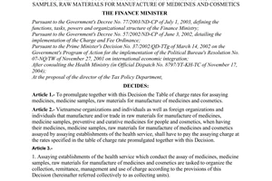 Decision No. 103/2004/QD-BTC of December 28, 2004 promulgating the regulation on collection, remittance, management and use of charges for assaying medicines, medicine samples, raw materials for manufacture of medicines and cosmetics