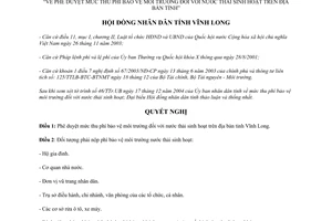 Nghị quyết 11/2004/NQ.HĐNDK7 mức thu phí bảo vệ môi trường nước thải sinh hoạt Vĩnh Long