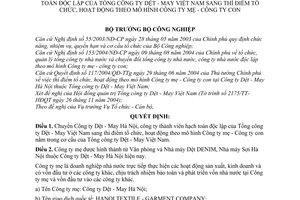 Quyết định 177/2004/QĐ-BCN chuyển Công ty Dệt - May Hà Nội,thành viên Tổng công ty Dệt - May Việt Nam sang mô hình công ty mẹ con