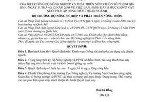 Quyết định 77/2004/QĐ-BNN  Danh mục giống vật nuôi phải áp dụng tiêu chuẩn ngành