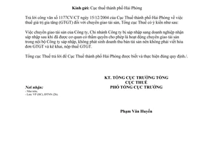 Công văn 18TCT/ĐTNN thuế giá trị gia tăng (GTGT) chuyển giao tài sản