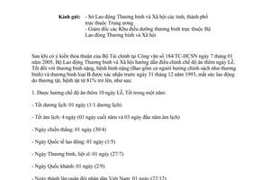 Công văn 73/LĐTBXH-TBLS chế độ ăn thêm ngày Lễ, Tết thương bệnh binh 81% trở lên