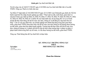 Công văn 207TCT/PCCS ưu đãi thuế thu nhập doanh nghiệp