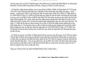 Công văn 273TCT/PCCS miễn giảm thuế dự án BOT thủy điện Cần Đơn