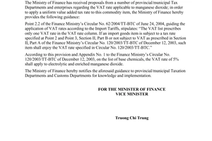 Official Dispatch No. 324 TC/TCT of January 11, 2005, on vat rate of manganese dioxide