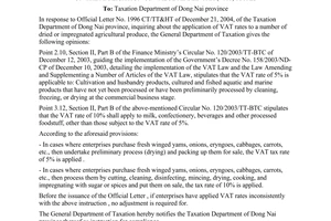Official Dispatch No. 258 TCT/DNK of January 19, 2005, on the application of value added tax (VAT) rates