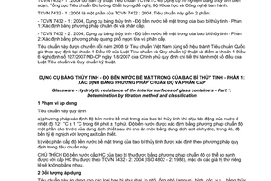 Tiêu chuẩn quốc gia TCVN 7432-1:2004 (ISO 4802 - 1 : 1988) về Dụng cụ bằng thuỷ tinh - Độ bền nước bề mặt trong của bao bì thuỷ tinh - Phần 1: Xác định bằng phương pháp chuẩn độ và phân cấp