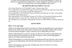 Quyết định 03/2005/QĐ-BGTVT chức năng, nhiệm vụ, quyền hạn tổ chức Thanh tra Cục Hàng không Việt Nam