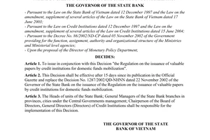 Decision No. 02/2005/QD-NHNN of January 4, 2005, on the issuance of the regulation on the issuance of valuable papers by credit institutions for domestic funds mobilization