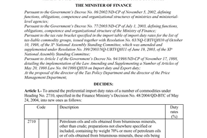 Decision no. 01/2005/QD-BTC of January 05, 2005 amending the import duty rates of a number of commodities under heading no. 2710 in the preferential import duty rates
