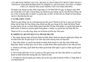 Thông tư liên tịch 03/2005/TTLT-BGTVT-BNV  hướng dẫn nhiệm vụ quyền hạn tổ chức biên chế thanh tra giao thông vận tải ở địa phương