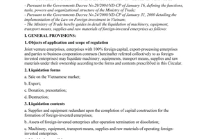 Circular No. 01/2005/TT-BTM of January 6, 2005, guiding the liquidation of machinery, equipment, transport means, supplies and raw materials of foreign-invested enterprises.