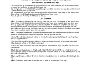 Quyết định 27/2005/QĐ-BTM ủy quyền phê duyệt kế hoạch nhập khẩu thành phẩm để kết hợp với sản phẩm xuất khẩu doanh nghiệp có vốn đầu tư nước ngoài