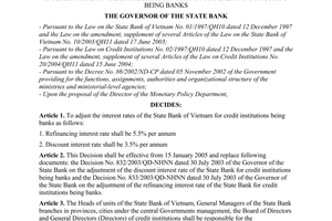 Decision No. 20/2005/QD-NHNN of January 7, 2005, on the adjustment of the discount interest rate and refinancing interest rate of the State Bank of Vietnam for credit institutions being banks