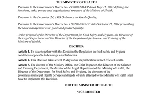 Decision No. 01/2005/QD-BYT of January 7, 2005, promulgating the regulation on food safety and hygiene conditions applicable to beverage establishments.