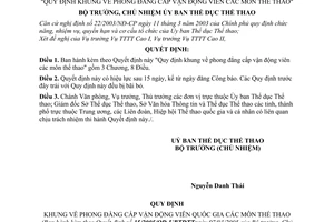 Quyết định 15/2005/QĐ-UBTDTT  khung  phong đẳng cấp vận động viên môn thể thao