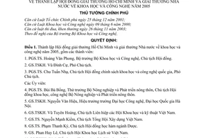Quyết định 19/QĐ-TTg thành lập Hội đồng giải thưởng Hồ Chi Minh giải thưởng Nhà nước về khoa học và công nghệ năm 2005