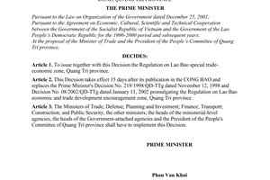 Decision No.11/2005/QD-TTg of the Prime Minister of Government, promulgating the Regulation on Lao Bao special trade-economic zone, Quang Tri province