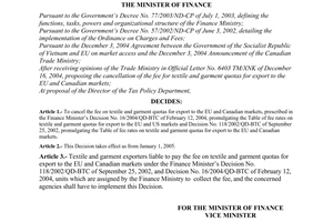 Decision no. 02/2005/QD-BTC of January 12, 2005 canceling the fee on textile and garment quotas for export to the EU and Canadian markets