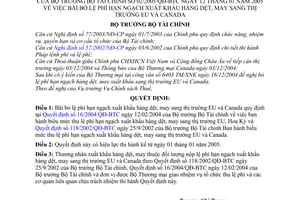 Quyết định 02/2005/QĐ-BTC bãi bỏ lệ phí hạn ngạch xuất khẩu hàng dệt, may sang thị trường EU Canada