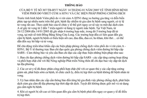 Thông báo 307/TB-BYT tình hình bệnh viêm phổi virút cúm A H5N1 các biện pháp phòng chống dịch