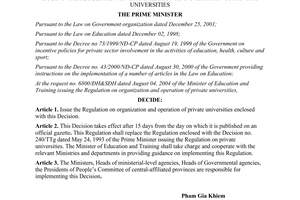 Decision No. 14/2005/QĐ-TTg on issuing the regulation on organization operation of private Universities