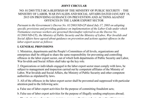 Joint circular No. 01/2005/TTLT-BCA-BLĐTBXH prevention actions against offences in the labor export sector