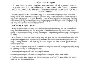 Thông tư liên tịch 01/2005/TTLT-BCA-BLĐTBXH hướng dẫn công tác phòng ngừa chống hành vi phạm pháp luật trong lĩnh vực xuất khẩu lao động