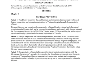 Decree of Government No.06/2005/ND-CP, on the establishment and operation of representative offices of foreign cooperation and research organizations in Vietnam