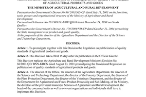 Decision No. 05/2005/QD-BNN of January 20, 2005 promulgating the regulation of Publicization of quality standards of agricultural products and goods
