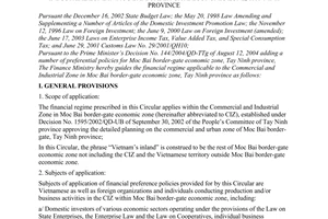 Circular no. 08/2005/TT-BTC of January 26, 2005 guiding the financial regime applicable to the commercial and industrial zone in Moc Bai border-gate economic zone, Tay Ninh province