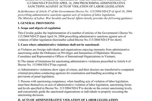 Circular No.12/2005/TT-BLDTBXH, promulgated by the Ministry of Labor, War Invalids and Social Affairs, guiding a number of articles of the Government's Decree No. 113/2004/ND-CP dated April 16, 2004 prescribing administrative sanctions against acts of violation of labor legislation