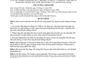 Quyết định 27/2005/QĐ-TTg danh mục bí mật nhà nước độ Tối mật ngành Xây dựng