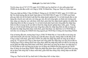 Công văn 501TCT/DNK miễn giảm thuế thu nhập doanh nghiệp do ưu đãi đầu tư Công ty XNK TS Minh Hải