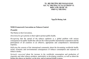 Công ước khung Kiểm soát Thuốc lá của Tổ chức Y tế Thế giới WHO có hiệu lực đối với Việt Nam