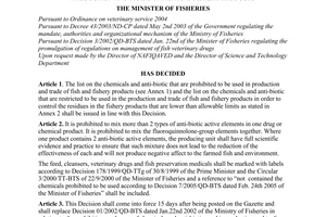 Decision No. 07/2005/QD-BTS of February 24, 2005, regarding list of chemicals and antibiotics prohibited to be used in production and trade of fish and fishery products