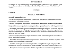 Decree No. 18/2005/ND-CP the formation organization operation of reciprocal insurance organizations