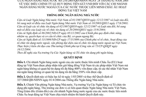 Quyết định 210/2005/QĐ-NHNN điều chỉnh tỷ lệ huy động tiền gửi VNĐ chi nhánh ngân hàng nước ngoài thuộc liên minh Châu âu hoạt động tại Việt Nam