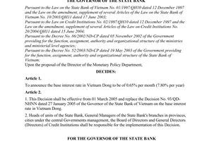 Decision No. 211/QD-NHNN of February 28, 2005, on the base interest rate in Vietnam Dong