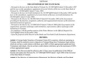 Decision No. 210/2005/QD-NHNN of February 28, 2005, on the adjustment of Vietnam dong deposit mobilization ratio for Foreign Banks' branches of EU countries, which are operating in Vietnam