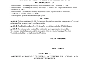 Decision No.28/2005/QD-TTg of the Prime Minister of Government, issuing the Regulation on unified management of external activities of the provinces and centrally-run cities