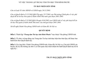 Quyết định 26/2005/QĐ-UB thành lập Trung tâm Tin học Bình Phước