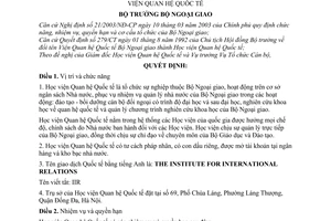 Quyết định 281/2005/QĐ-BNG chức năng, nhiệm vụ, quyền hạn cơ cấu tổ chức Học viện Quan hệ Quốc tế