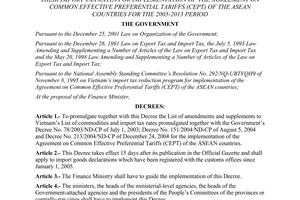 Decree of Government No. 13/2005/ND-CP
amending and supplementing Vietnam’s list of commodities and their import tax rates for implementation of the Agreement on Common Effective Preferential Tariffs (CEPT) of the Asean countries for the 2005-2013 period.
